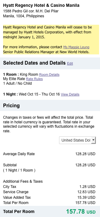 This is a screen shot of the total cost of the hotel room if I booked through the official Internet web site of Hyatt Hotels and Resorts.