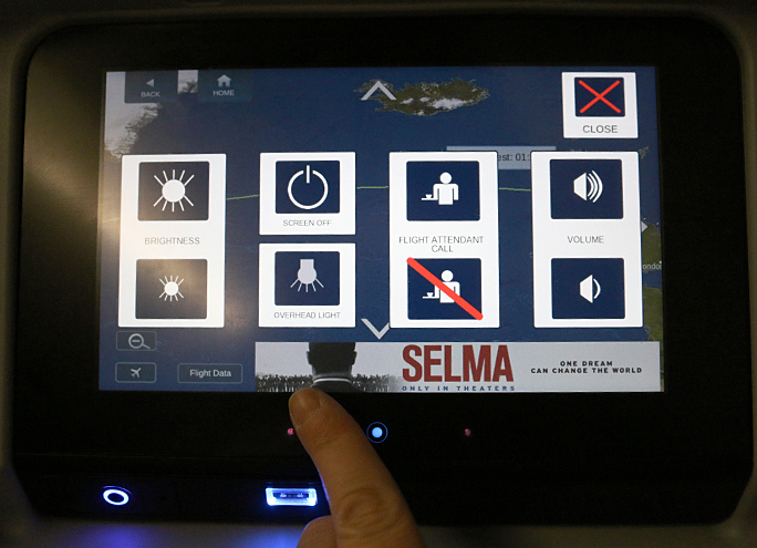Screen for in-flight entertainment system. Photograph ©2015 by Brian Cohen.