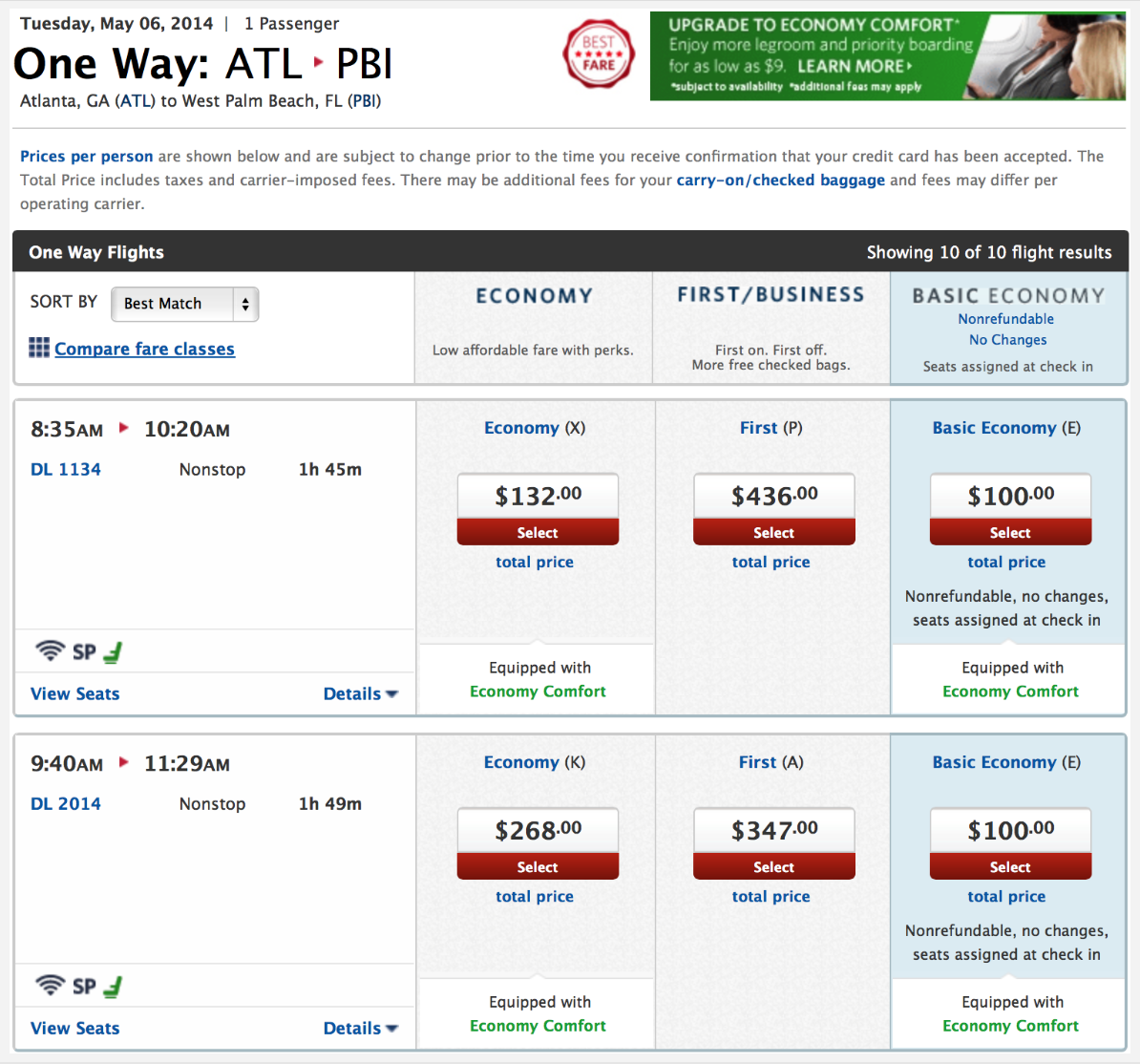 This screen shot of two flights operated by Delta Air Lines from Atlanta to West Palm Beach on Tuesday, May 6, 2014 shows a comparison between the lowest economy class fare, the first class fare, and the Basic Economy fare.