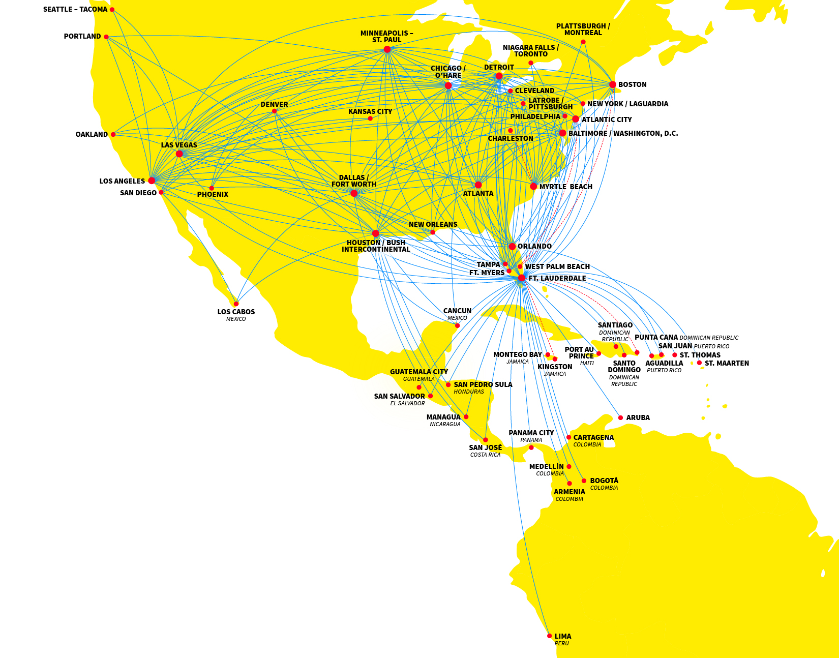 route map of Spirit Airlines