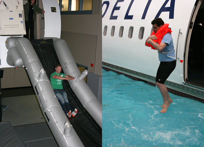 How to exit the aircraft in case of emergency — either by an evacuation slide on land or during a water ditching. Photograph ©2013 by Brian Cohen.