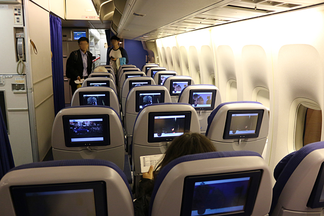 The economy class cabin just as passengers were boarding the aircraft in Amsterdam. Photograph ©2014 by Brian Cohen.