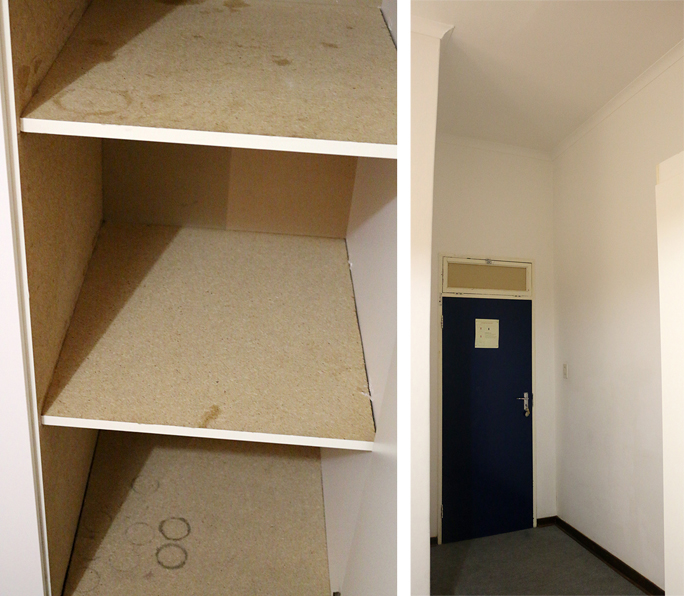 On the left is a photograph of the shelves on the right side of the closet area. The photograph on the right shows how high the ceilings were in the room — almost high enough to install a second floor. Photographs ©2015 by Brian Cohen.