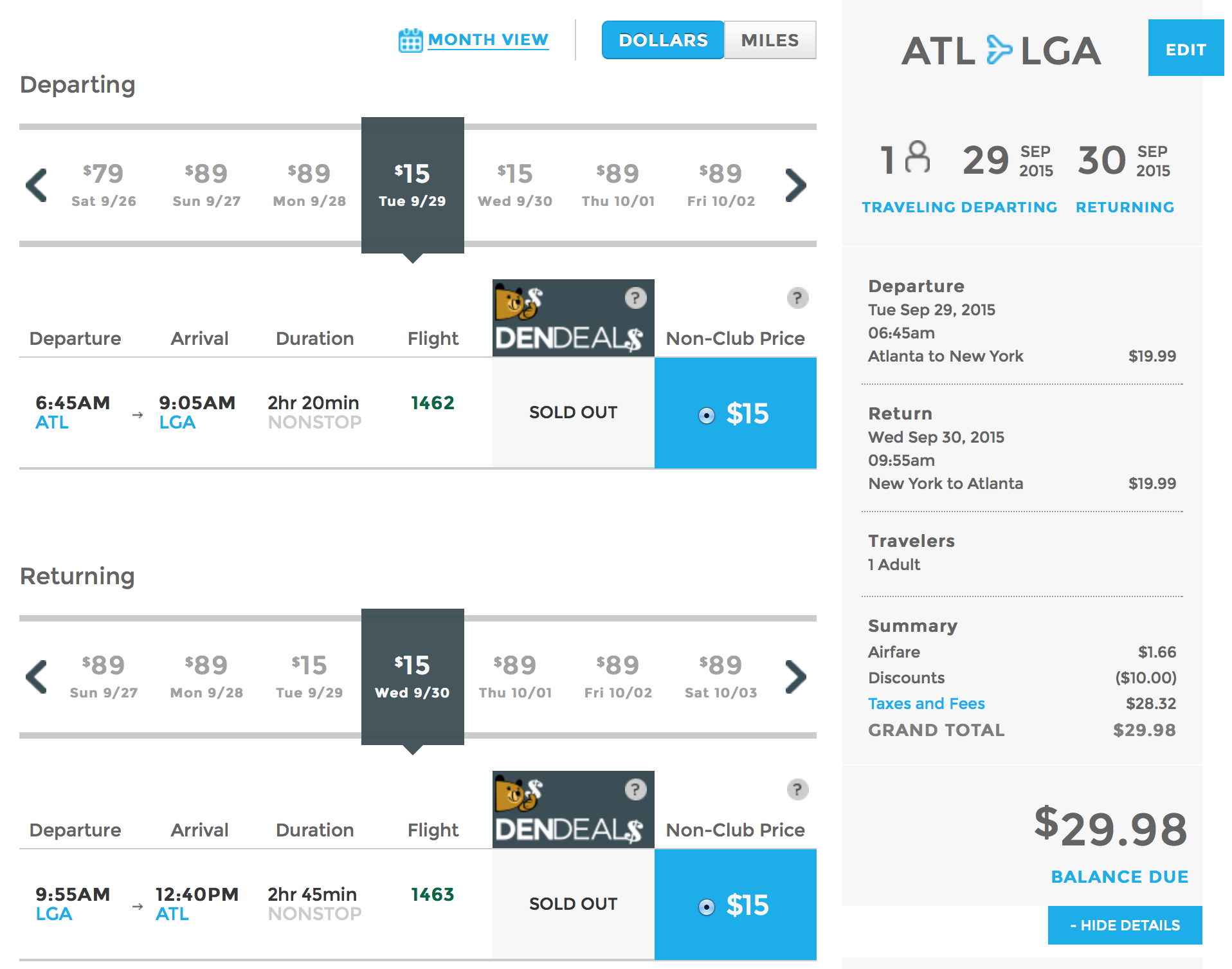 This is a screen shot of a sample round-trip itinerary between Atlanta and New York in late September.