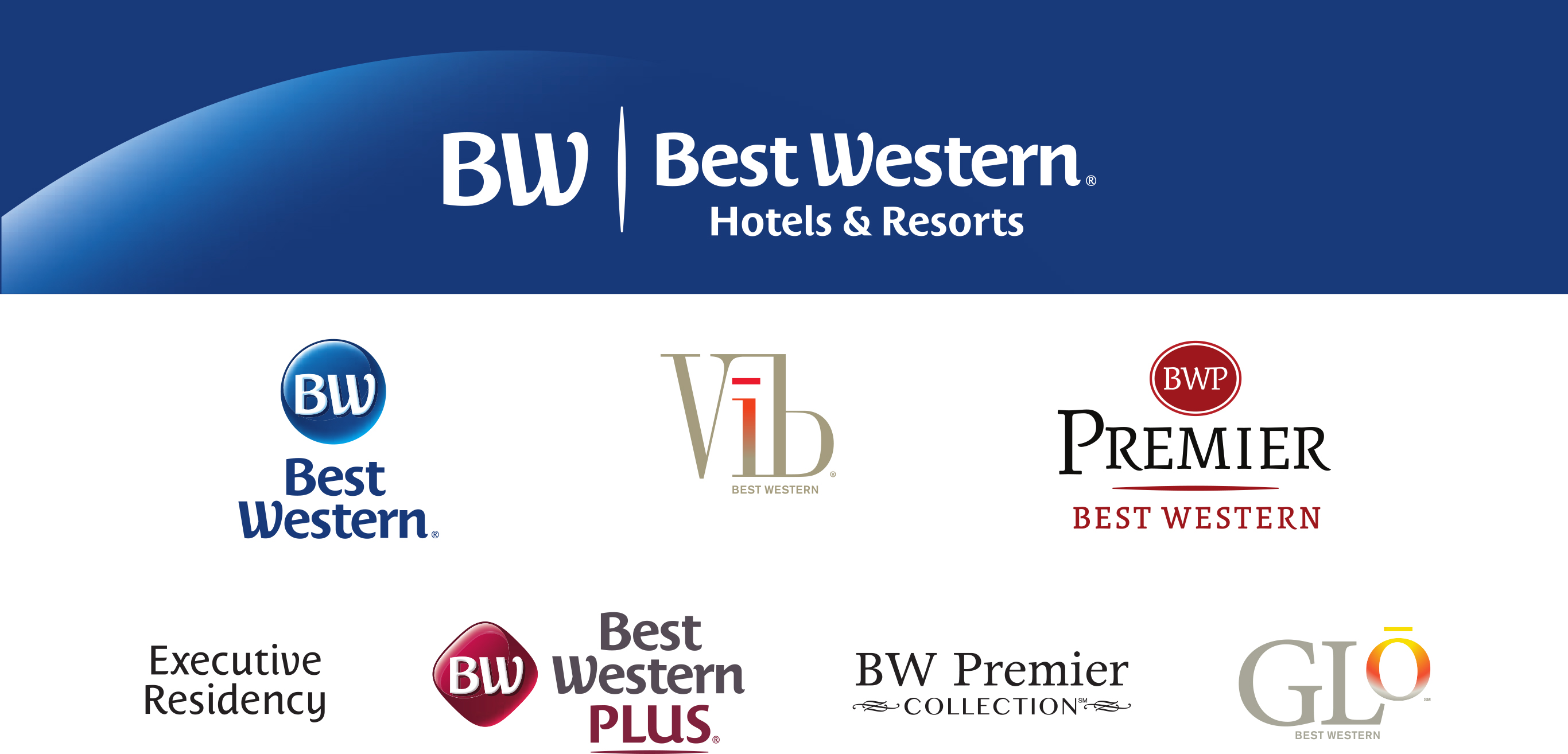 Here are the logos for all seven brands of Best Western — including the new Glo brand. Click on the graphic for a larger view of the logos. Source: Best Western Hotels & Resorts.