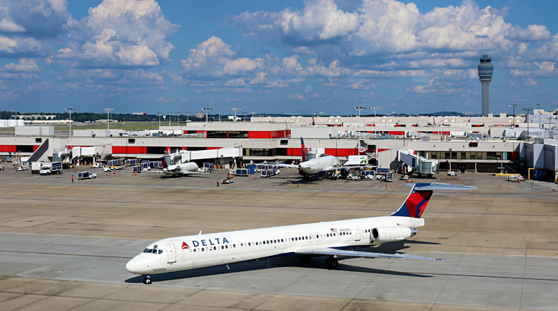 Delta Air Lines airplanes at gates Concourse B Atlanta airport