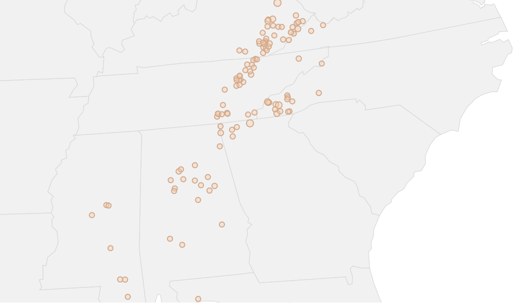 Map of active wildfires in the southeastern United States within the past 30 days