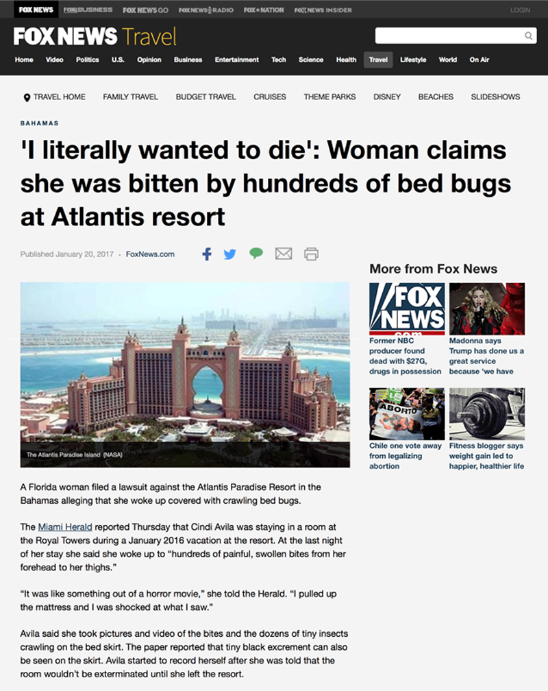 Atlantis Bahamas bed bugs