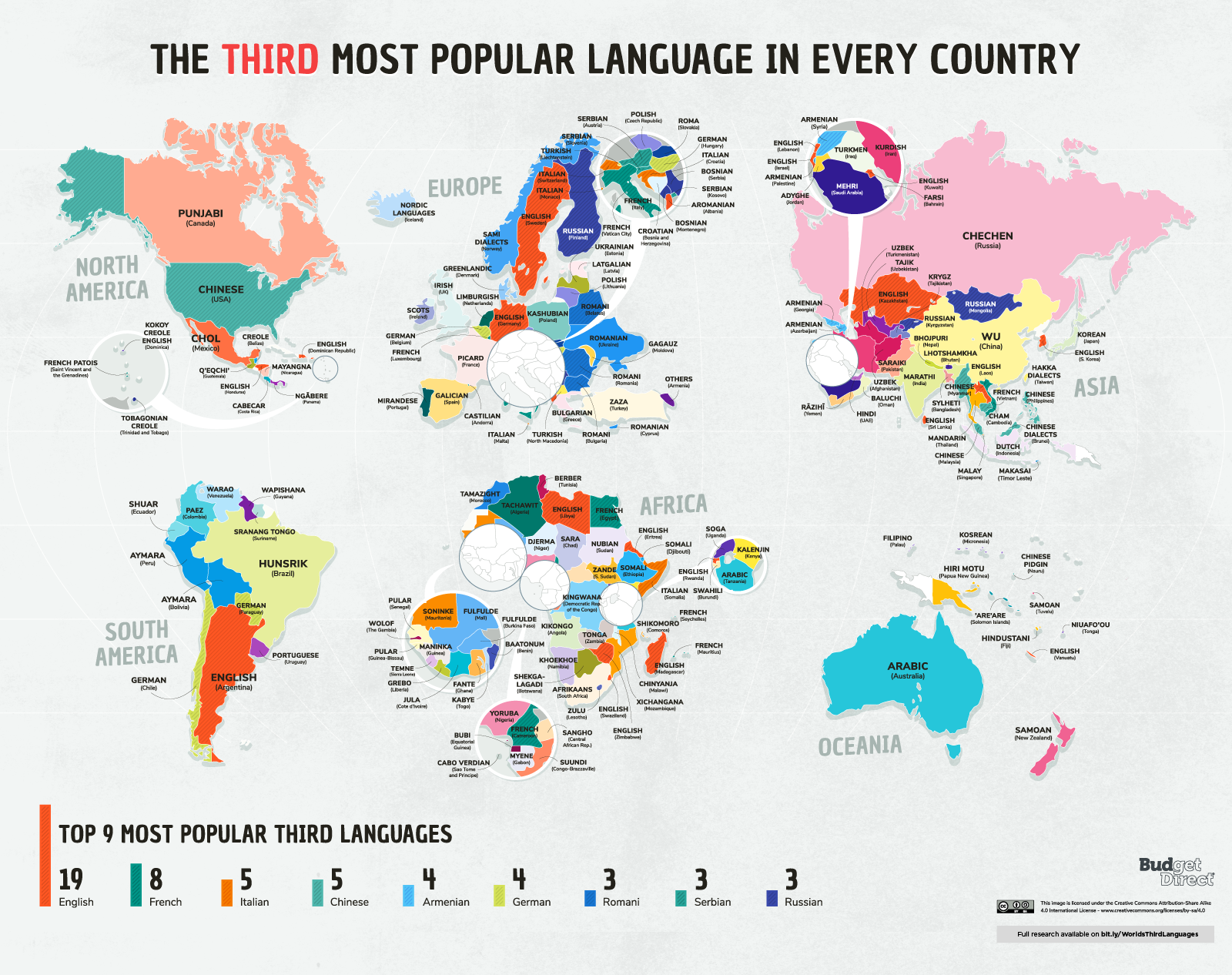 World Map_THIRD most popular language in every country - The Gate.